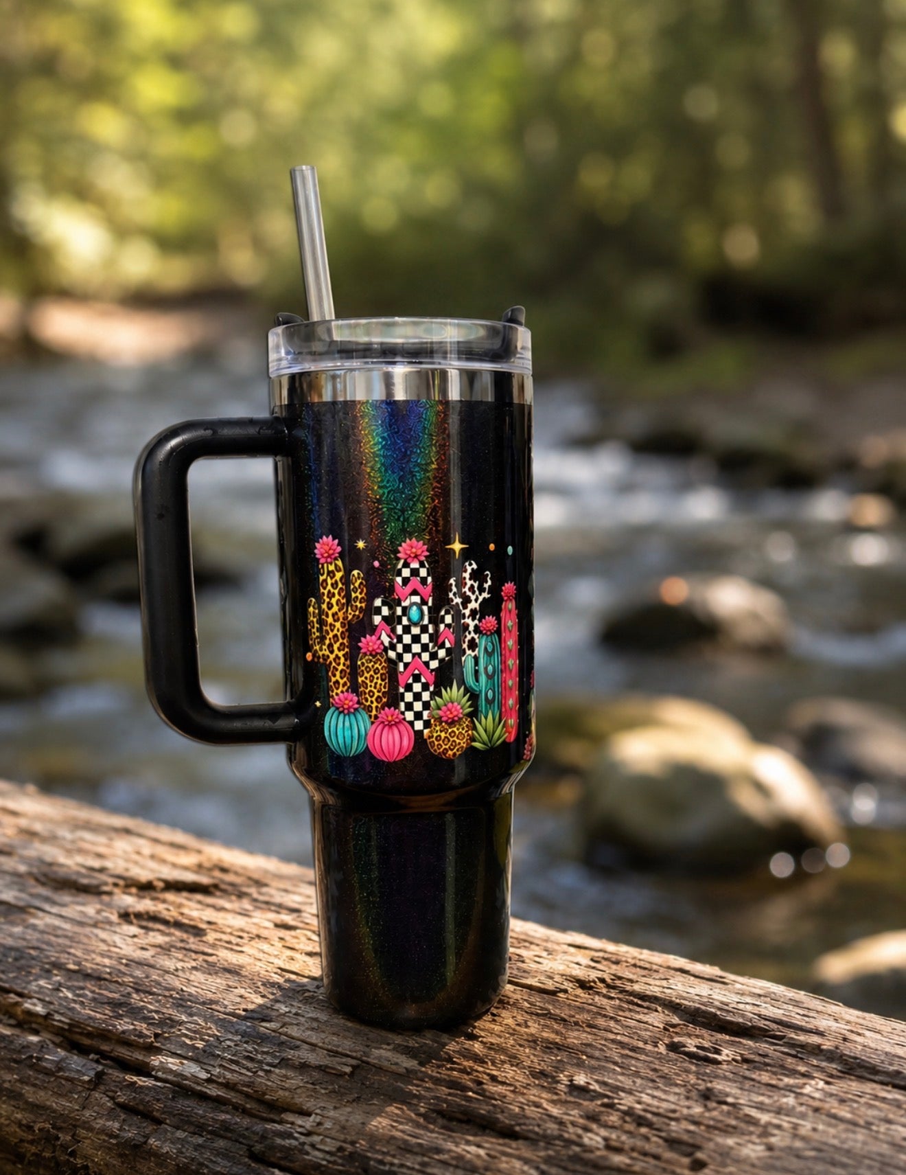 40 oz Western Cactus Tumbler black holographic glitter - colorful cactus side view