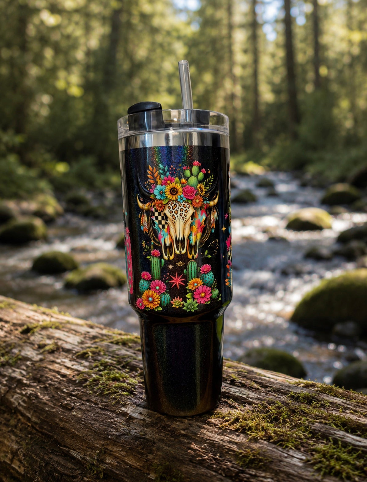 40 oz Western Cactus Tumbler black holographic glitter - longhorn skull design