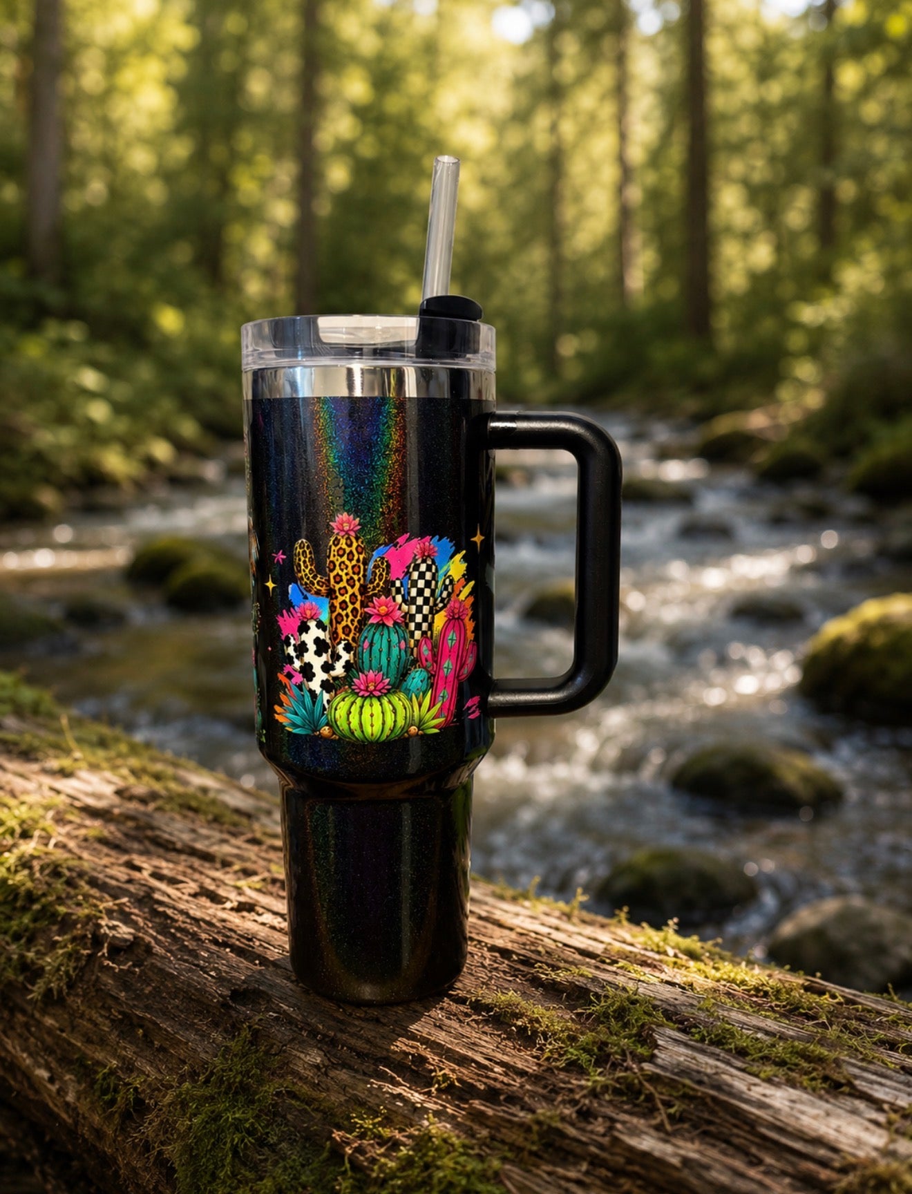 40 oz Western Cactus Tumbler black holographic glitter - cactus design front view
