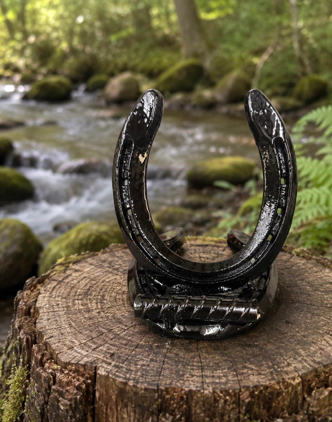Handmade horseshoe phone and tablet holder - black glossy finish front view on wood stump