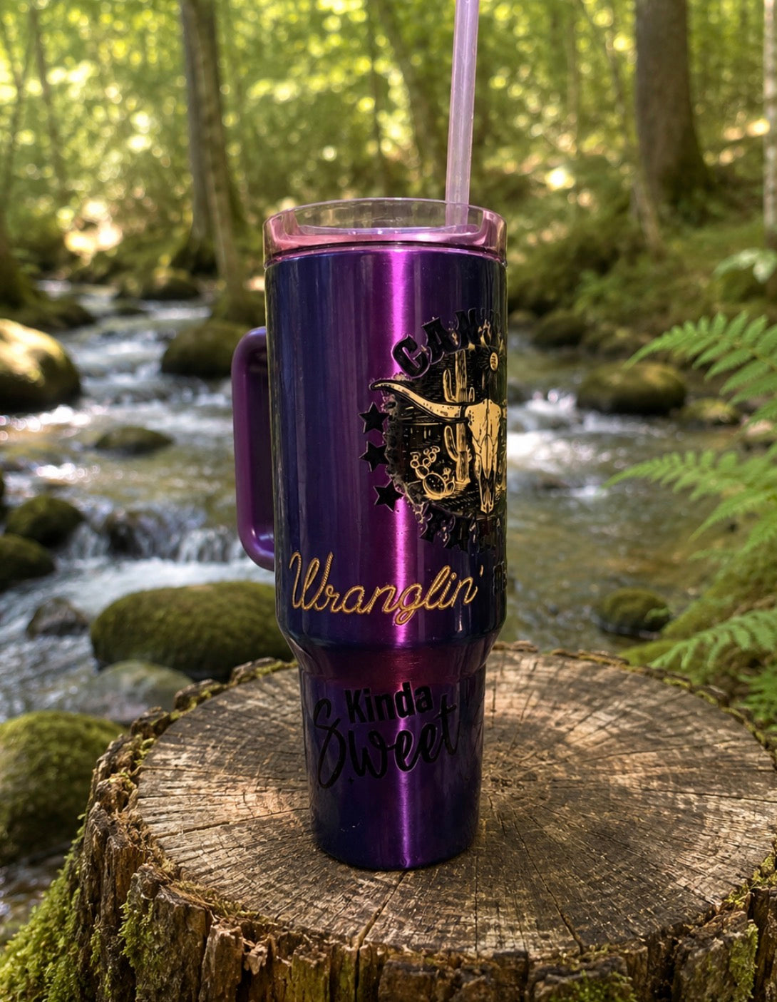40 oz Can't Be Tamed Aurora Shift tumbler - purple blue color shift with western longhorn design front