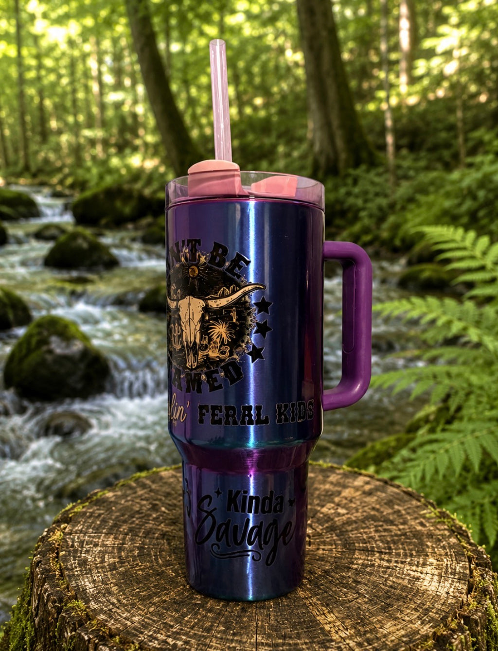 40 oz Can't Be Tamed Aurora Shift tumbler - purple handle with western design back view