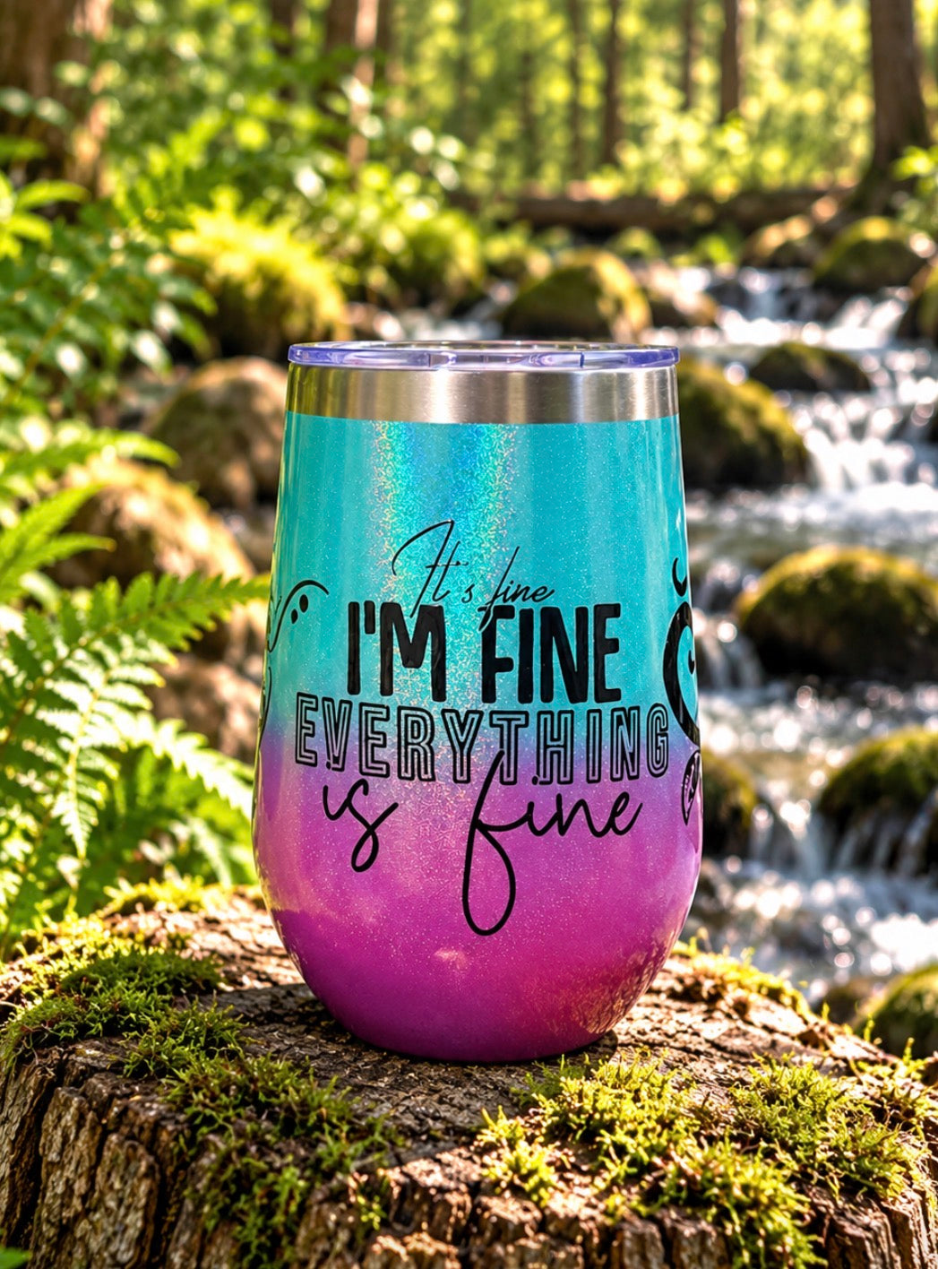 12 oz "It's Fine, I'm Fine" Tumbler | Turquoise & Purple Glitter